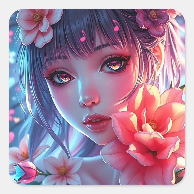 Beautiful Anime Girl Glitchcore Floral Square Sticker (Front)