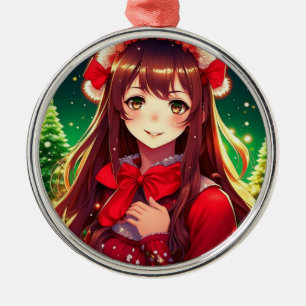 Beautiful Anime Girl in Red Christmas Metal Ornament