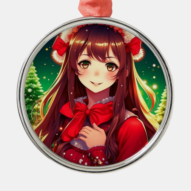 Beautiful Anime Girl in Red Christmas Metal Ornament (Front)