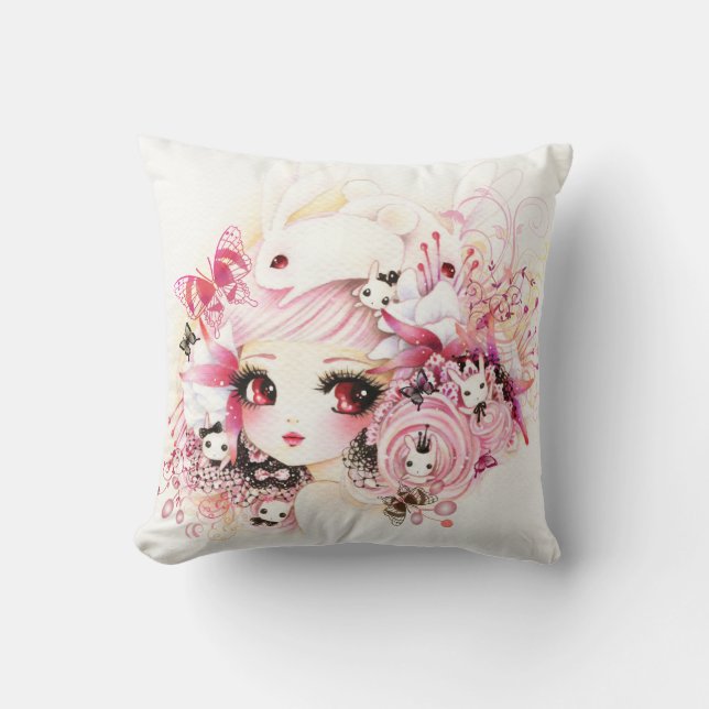 Beautiful anime girl with cute bunnies and flowers cushion (Front)