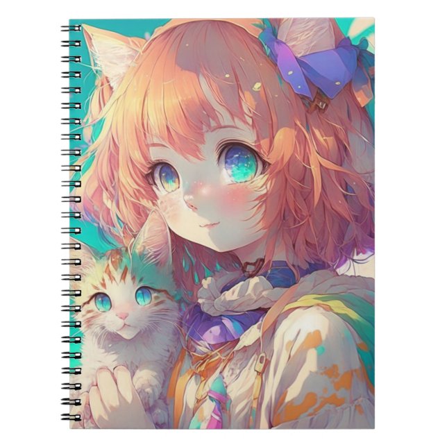 Beautiful Anime Girl with Cute Kitten Notebook (Front)