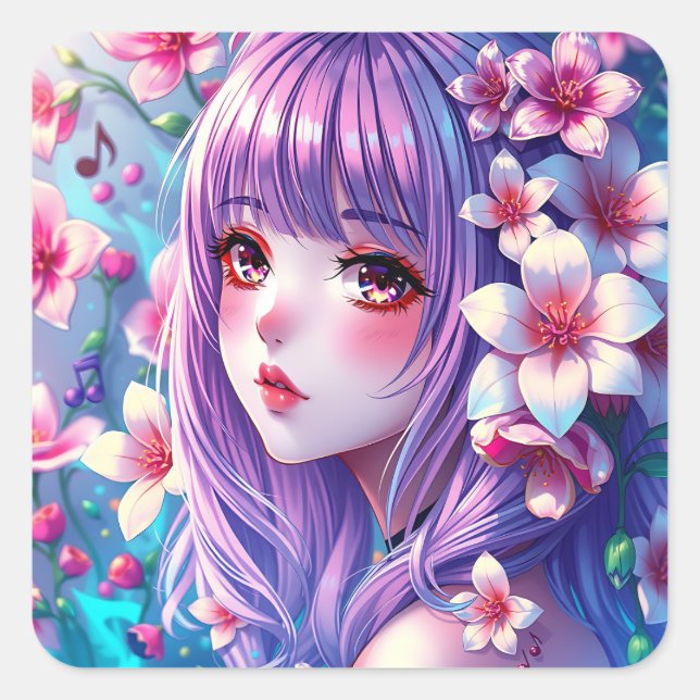 Beautiful Anime Girl with Purple Hair Square Sticker (Front)