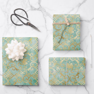 Beautiful antique design green and gold wrapping paper sheet