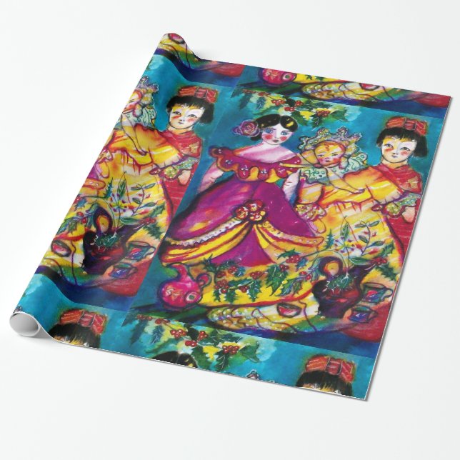 BEAUTIFUL ANTIQUE DOLLS AND CHRISTMAS ORNAMENTS WRAPPING PAPER (Unrolled)