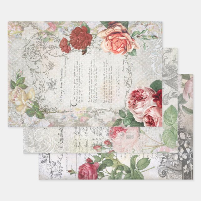 Beautiful Antique Floral Ephemera Decoupage Wrapping Paper Sheet (Set)