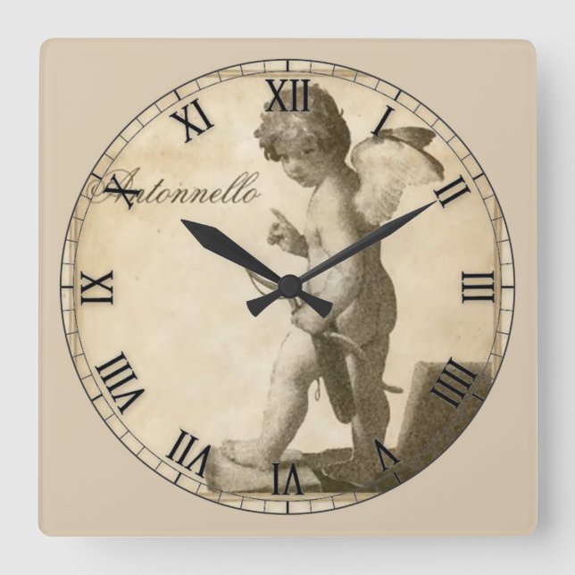 Beautiful Antique Roman Numeral Cherub Square Wall Clock (Front)
