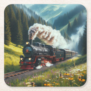 Beautiful Antique Steam Engine Locomotive Square Paper Coaster