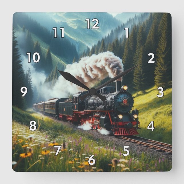 Beautiful Antique Steam Engine Locomotive Square Wall Clock (Front)