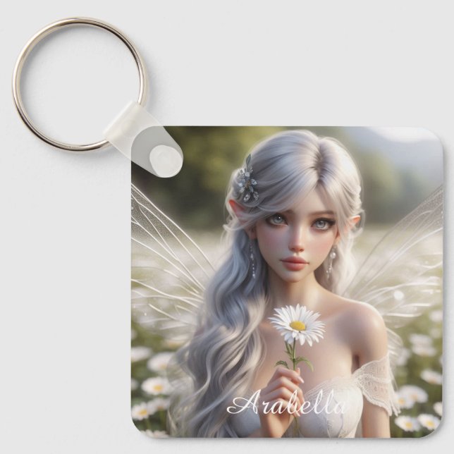 Beautiful April Fairy in Daisies Key Ring (Front)