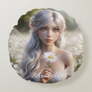 Beautiful April Fairy in Daisies Round Cushion