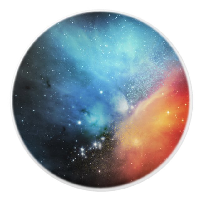 Beautiful Aqua Orange Space Galaxy Universe Ceramic Knob (Front)