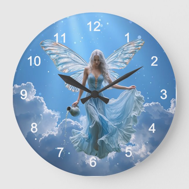 Beautiful Aquarius Fairy in the Clouds Large Clock (Front)