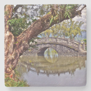BEAUTIFUL ARCHED STONE BRIDGE REFLECTED IN POND COASTER
