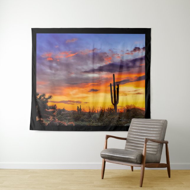 Beautiful Arizona Sunset Saguaro And Cholla Cactus Tapestry (In Situ (Horizontal))