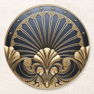 Beautiful Art Deco Gold & Navy Round Paper Coaster