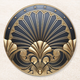 Beautiful Art Deco Gold & Navy  Round Paper Coaster