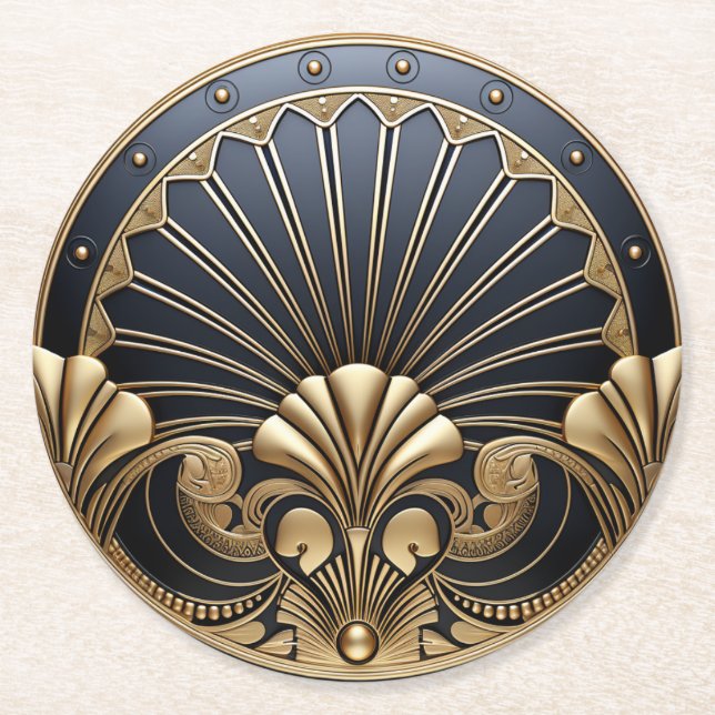 Beautiful Art Deco Gold & Navy  Round Paper Coaster (Front)