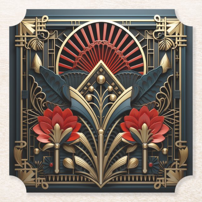 Beautiful Art Deco Red Gold Black Elegant Paper Coaster (Front)