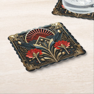 Beautiful Art Deco Red Gold Black Paper Coaster