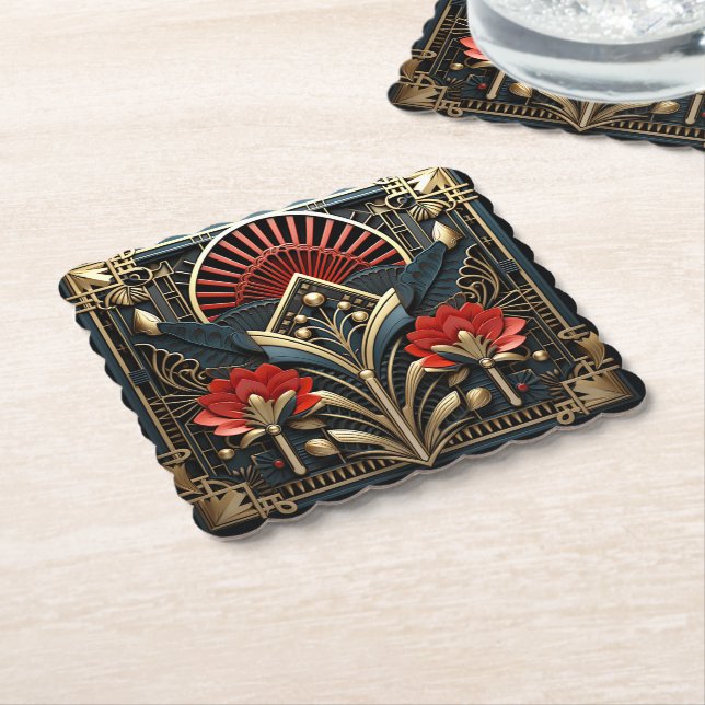 Beautiful Art Deco Red Gold Black   Paper Coaster (Angled)