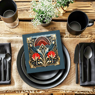 Beautiful Art Deco Red Gold Teal Napkin