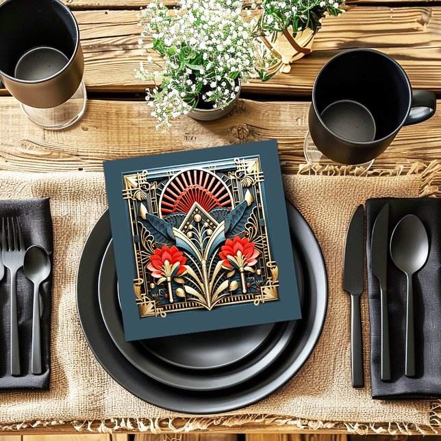 Beautiful Art Deco Red Gold Teal Napkin (Creator Uploaded)
