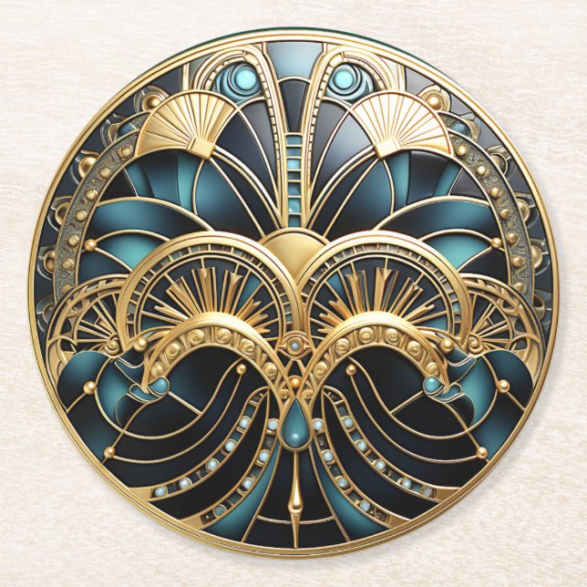Beautiful Art Deco Turquoise Gold Black Elegant Round Paper Coaster (Front)