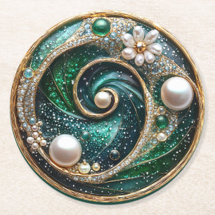 Beautiful Art Deco Turquoise Pearls Glitter Round Paper Coaster