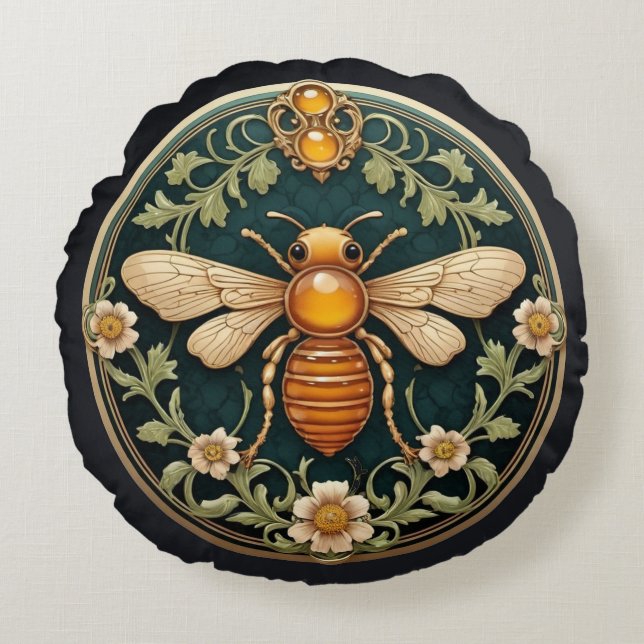 Beautiful Art Nouveau Bee Round Cushion (Front)
