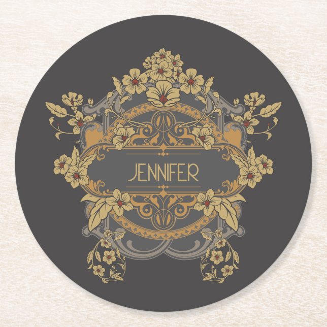 Beautiful Art Nouveau design with flowers  Round Paper Coaster (Front)