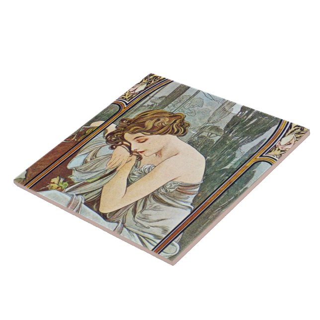 Beautiful Art Nouveau Lady ceramic tile  (Side)