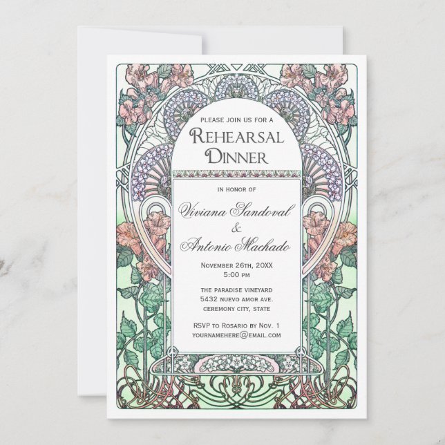 Beautiful Art Nouveau Rehearsal Dinner Invitations (Front)