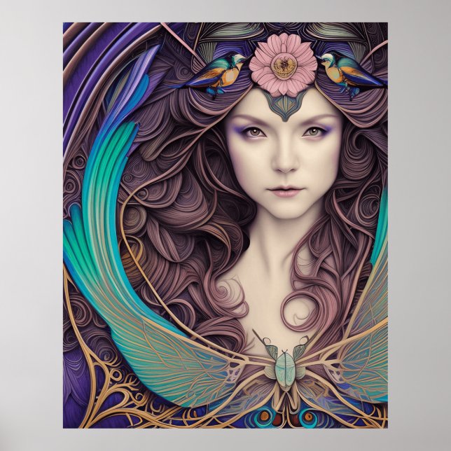 Beautiful Art Nouveau style  Blue teal Poster (Front)
