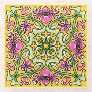 Beautiful Art Nouveau tile with Iris flowers Glass Coaster