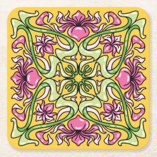 Beautiful Art Nouveau tile with Iris flowers Square Paper Coaster