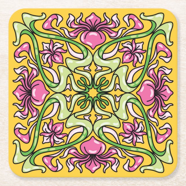 Beautiful Art Nouveau tile with Iris flowers Square Paper Coaster (Front)