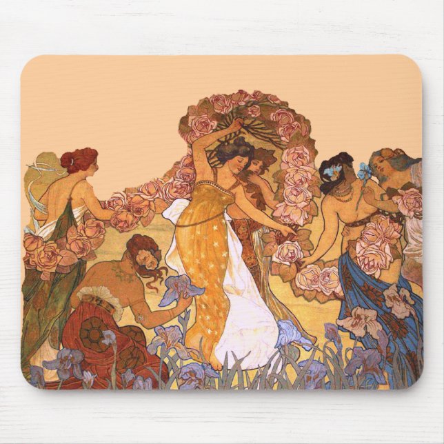 Beautiful Art Nouveau Women with Irises and Roses Mouse Pad (Front)