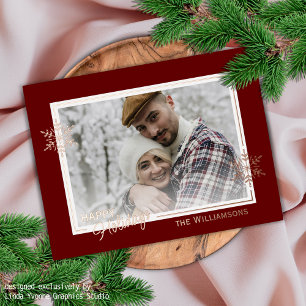 Beautiful Art Snowflakes On Dark Red And Gold Foil Holiday Postcard