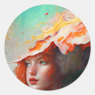 Beautiful Artistic Abstract Red Haired Ginger Girl Classic Round Sticker