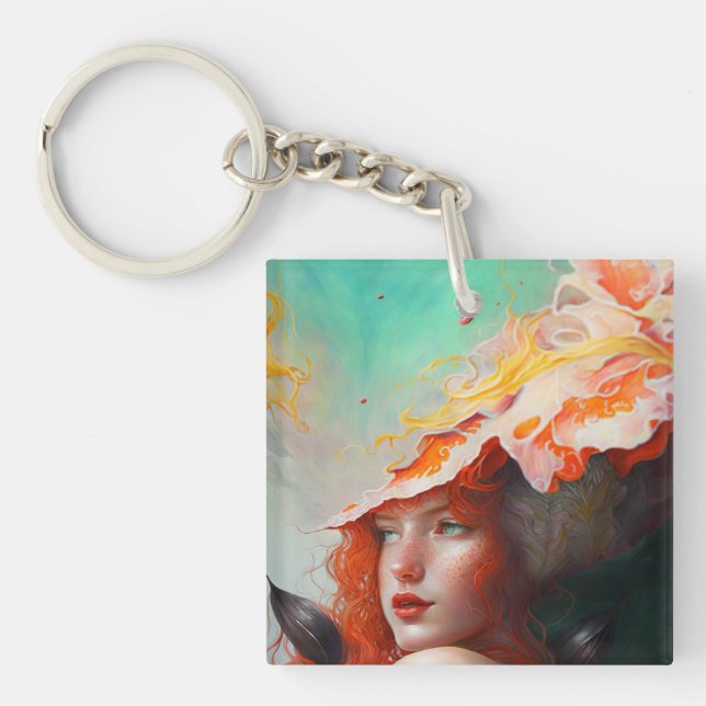 Beautiful Artistic Abstract Red Haired Ginger Girl Key Ring (Front)