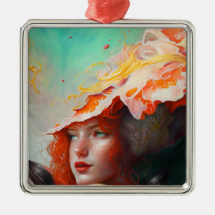 Beautiful Artistic Abstract Red Haired Ginger Girl Metal Ornament