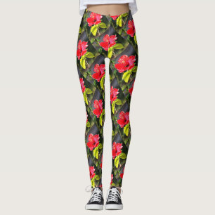 Beautiful Artistic Red Tropical Hibiscus Flower Leggings