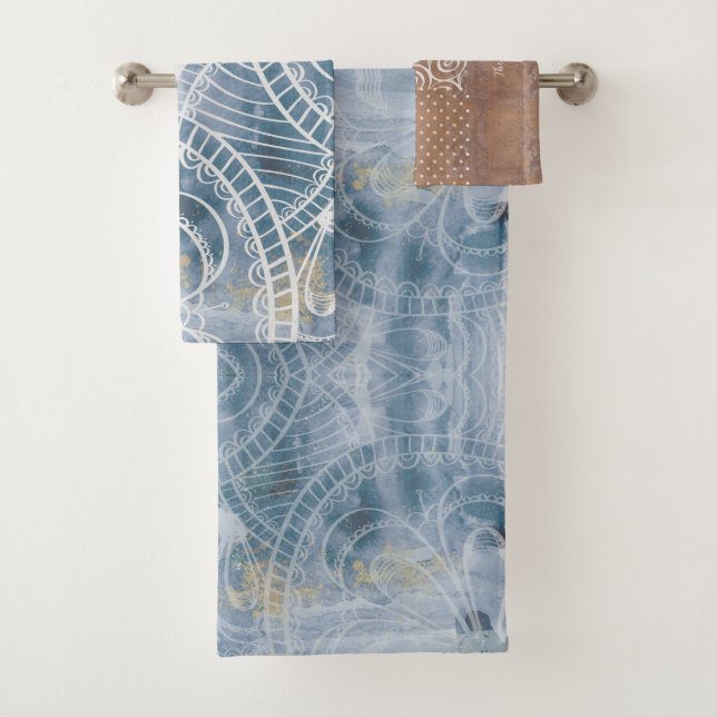 Beautiful artsy industrial blue brown faux copper  bath towel set (Insitu)