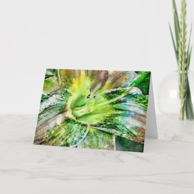 Beautiful Artsy Lily Flower in Green Art Note Card (Front)
