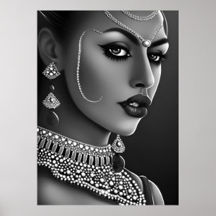 Beautiful Asian Indian woman Black White pearl Poster