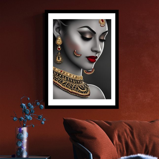 Beautiful Asian Indian woman Black White Red Gems Poster (Creator Uploaded)