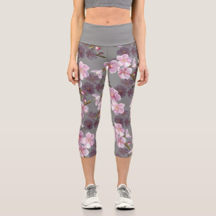 Beautiful Asian Japanese Sakura Blossom Floral Capri Leggings