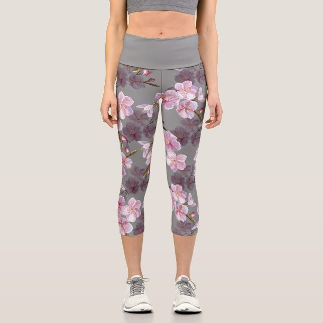 Beautiful Asian Japanese Sakura Blossom Floral Capri Leggings (Front)