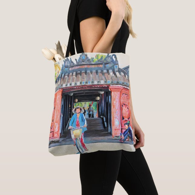 Beautiful Asian Scene Vietnam Art Pink Watercolor Tote Bag (Close Up)