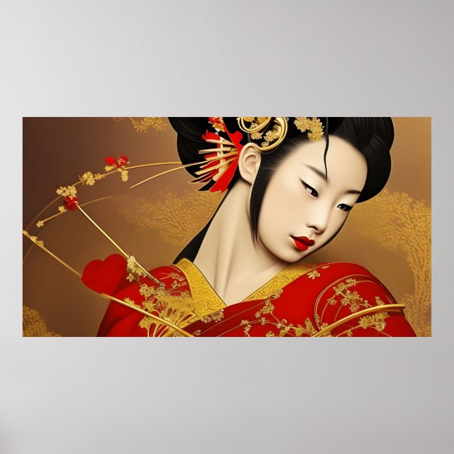 Beautiful Asian woman geisha red gold Poster (Front)